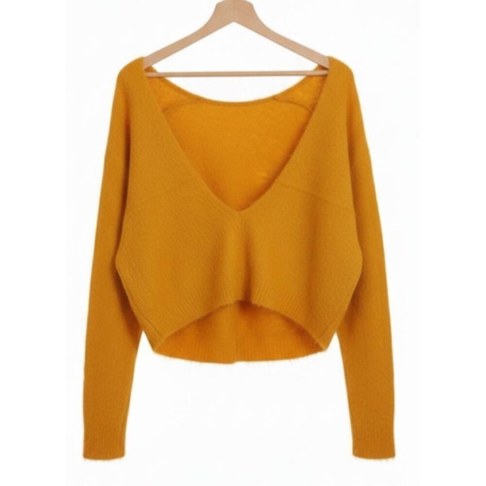 Womens xl wide deep vneck golden yellow alpaca super soft sweater slouchy